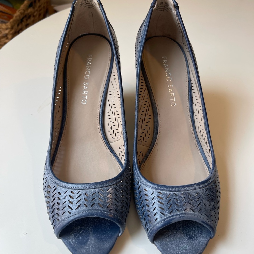 Franco Sarto Blue Laser-Cut Peep-Toe Heels